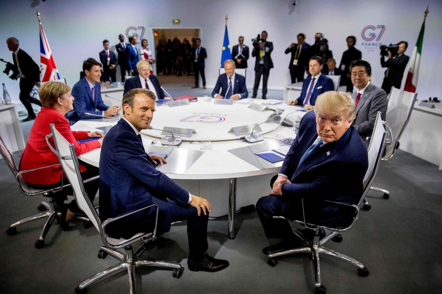 Tänavust G7 kohtumist võõrustav Prantsusmaa president Emmanuel Macron otsustas ühisdeklaratsiooni loomisest loobuda, sest isegi ei looda USA presidendi Donald Trumpiga ühisele nõule jõuda. FOTO: Andrew Harnik/afp/scanpix
