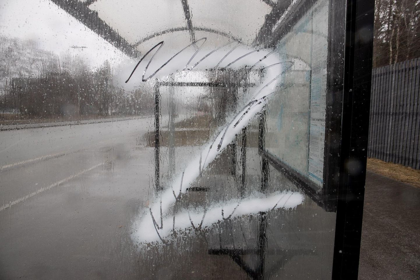 Graffiti Z täht bussipeatuse klaasil Õimäel. Venemaa Ukraina-vastase agressiooni sümbol. 
