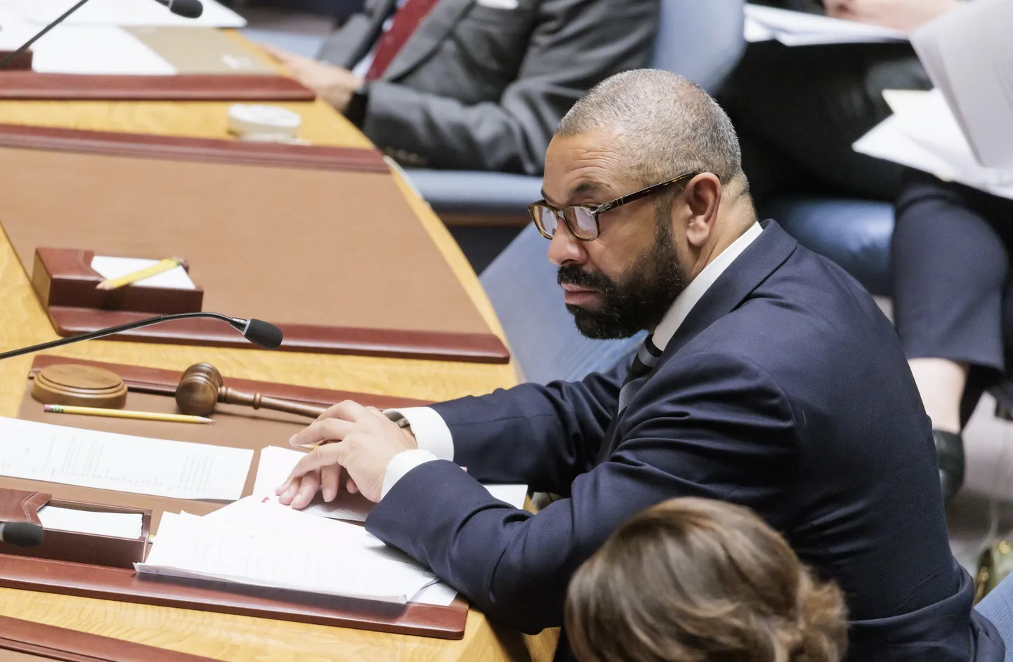 Suurbritannia välisminister James Cleverly juhatamas ÜRO Julgeolekunõukogu koosolekut New Yorgis 17. juulil 2023. USA visiidi käigus leidis minister aega vestluseks The Wall Street Journaliga.