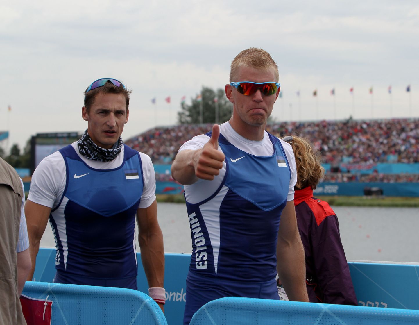 Eesti neljapaadi liikmed Kaspar Taimsoo (paremal) ja Allar Raja Londoni olümpiamängudel.