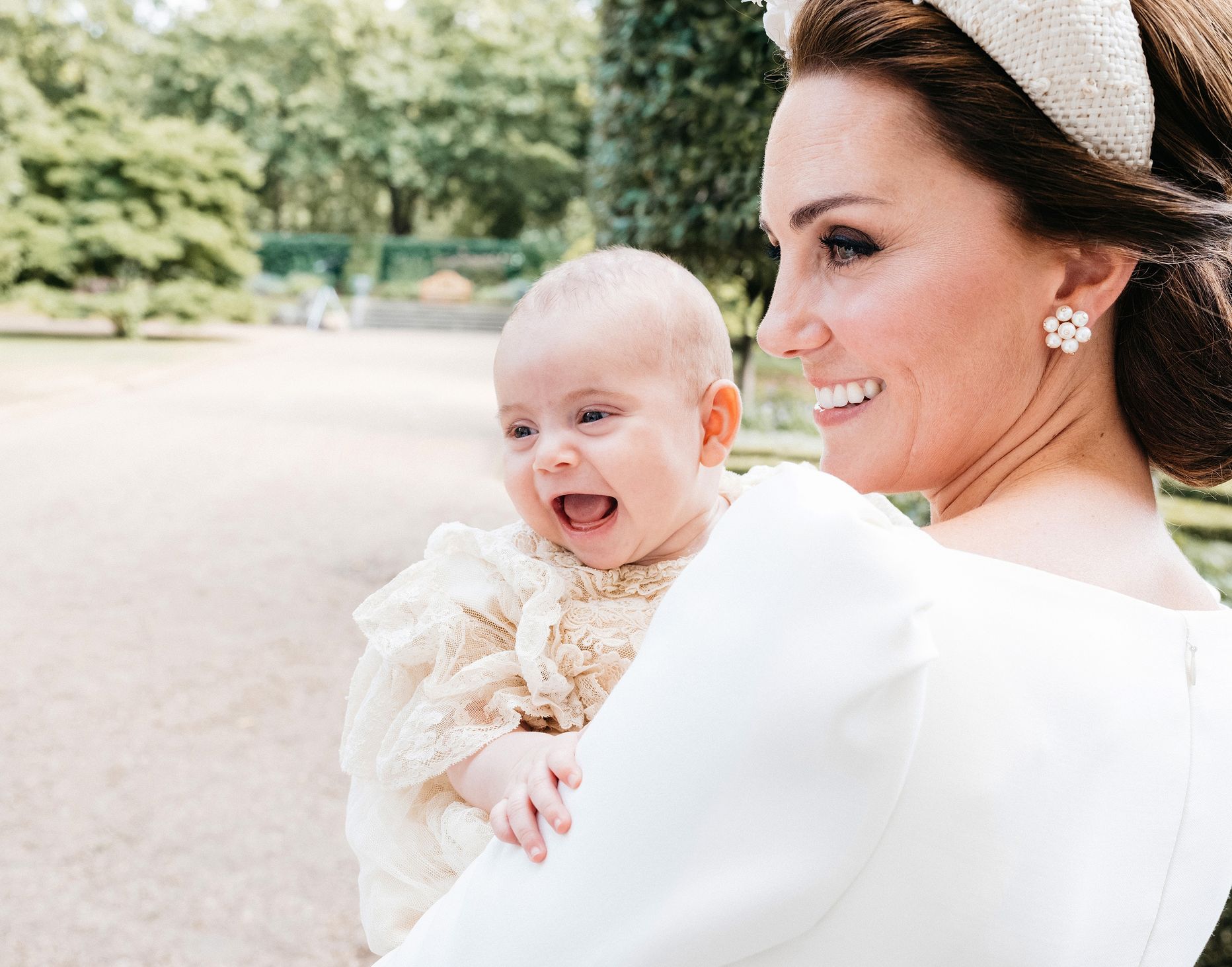 The Duchess of Cambridge and Prince Louis in the garden at Clarence House, following Prince Louis's baptism at the Chapel Royal, St. James’s Palace, London , UK, on the 9th July 2018. Picture by Matt Porteous/WPA-Pool NEWS EDITORIAL USE ONLY. 16 Jul 2018 Pictured: Prince Louis, Catherine, Duchess of Cambridge, Kate Middleton. Photo credit: MEGA TheMegaAgency.com +1 888 505 6342