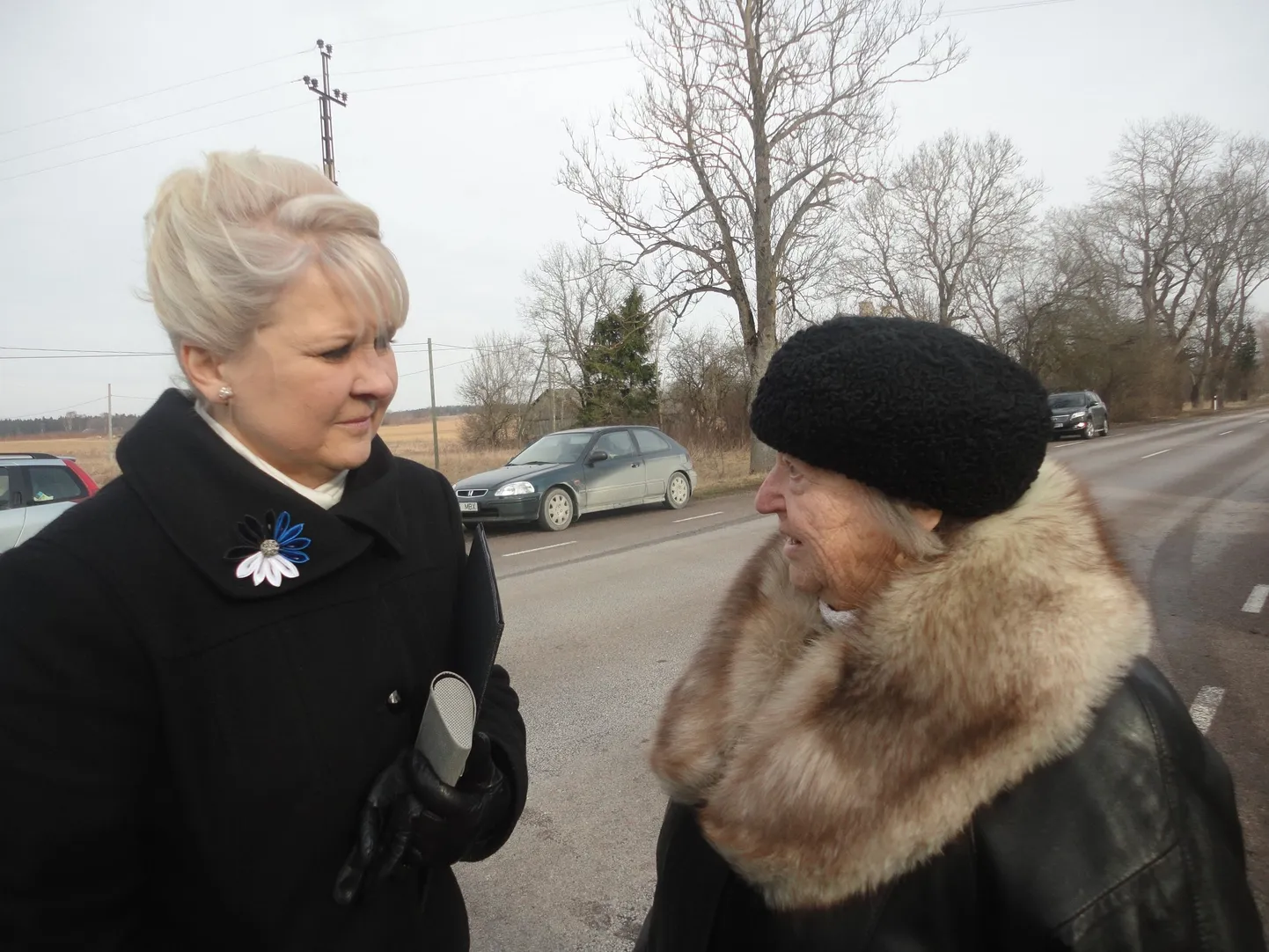 Vabariigi aastapäeva tähistamine Müüsleris. Maavanem Tiina Oraste ja 3-aastasena Müüsleri ausamba avamisel viibinud Viivi Paimets.