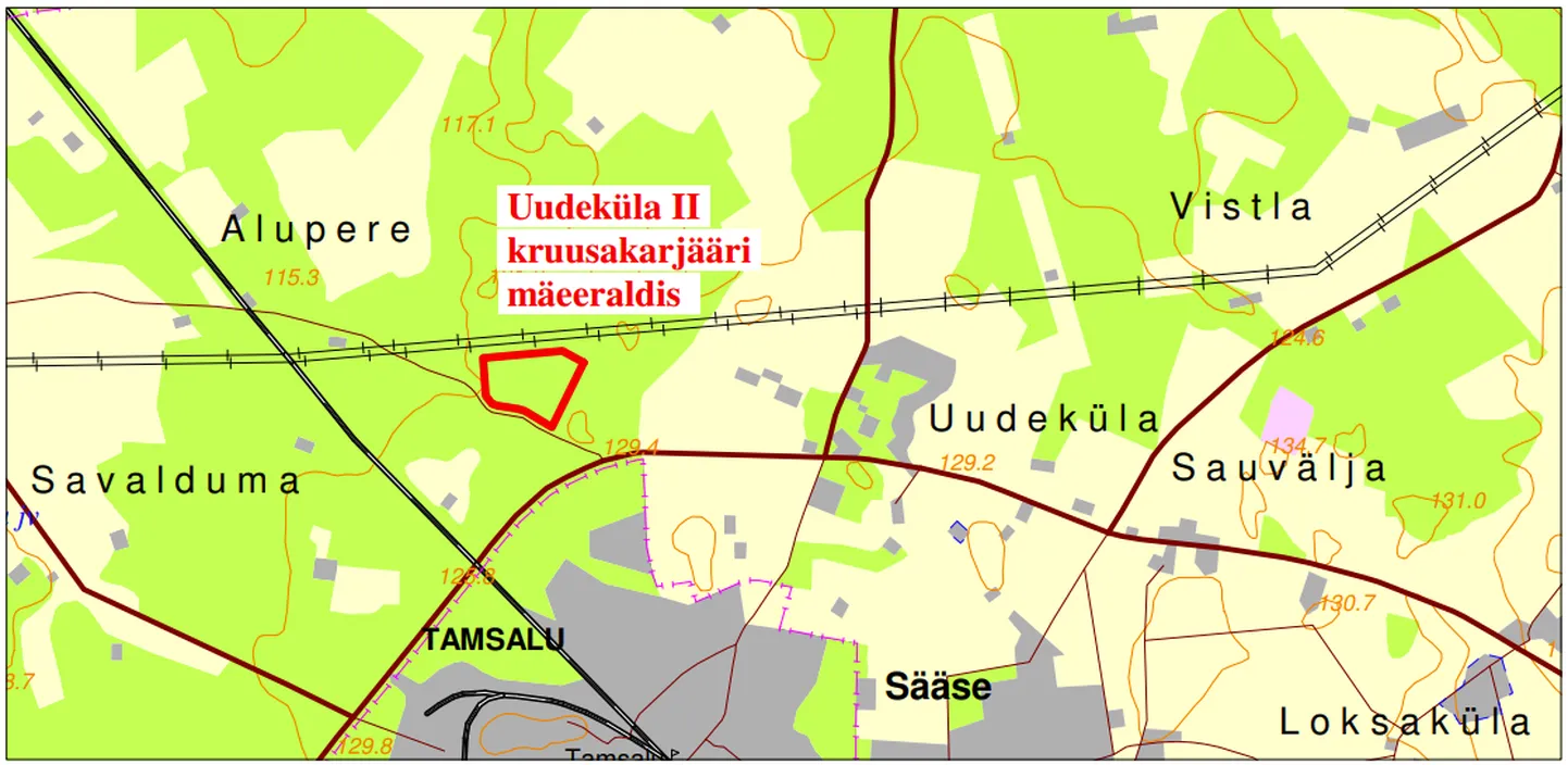 Uudeküla II kruusakarjääri ala (markeeritud punasega).