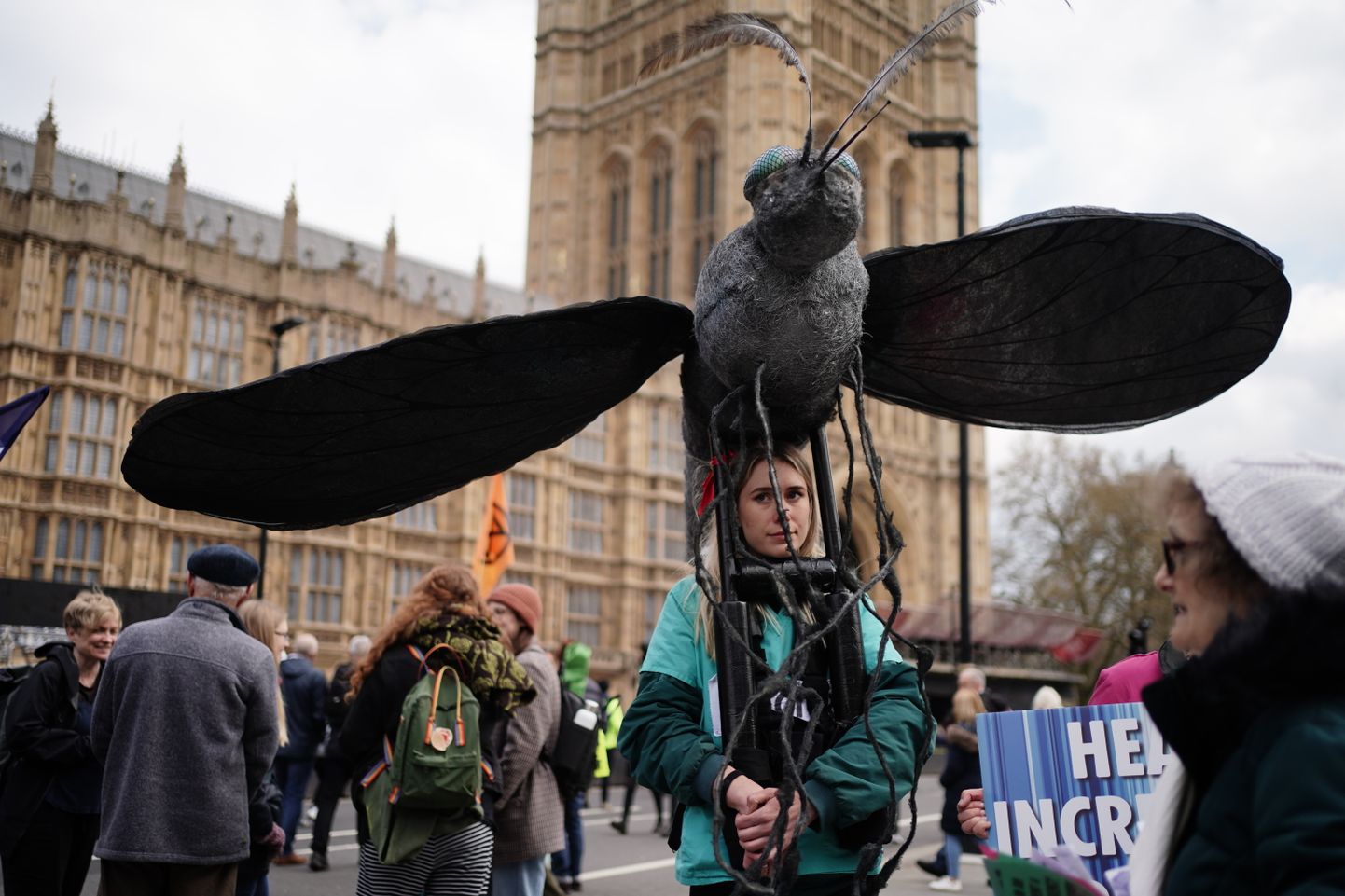 Участница митинга британского движения Extinction Rebellion, которое пытается привлекать внимание к проблеме изменения климата, украсила себя огромным комаром. Вестминстер, Лондон, 21 апреля 2023 года.