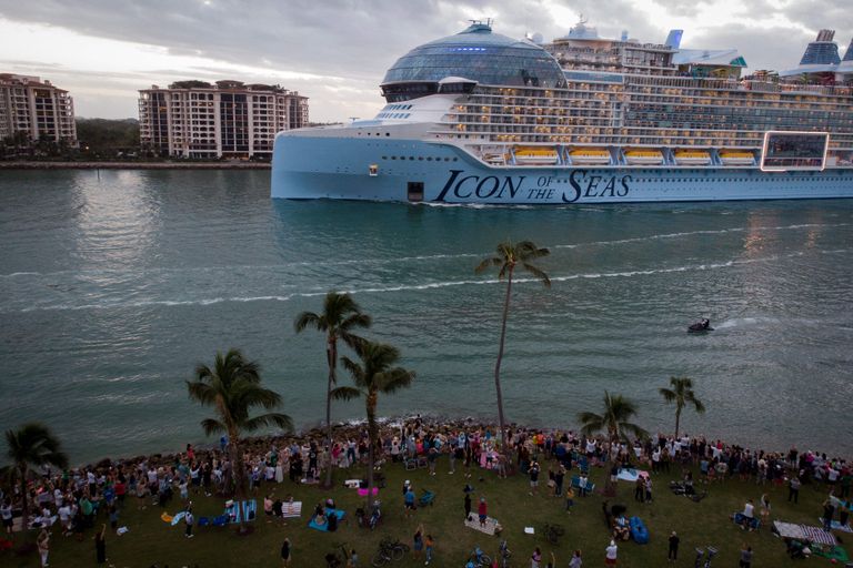 Royal Caribbean's "Icon of the Seas," billed as the worlds largest cruise ship, sails from the Port of Miami in Miami, Florida, on its maiden cruise, January 27, 2024. (Photo by Marco BELLO / AFP)