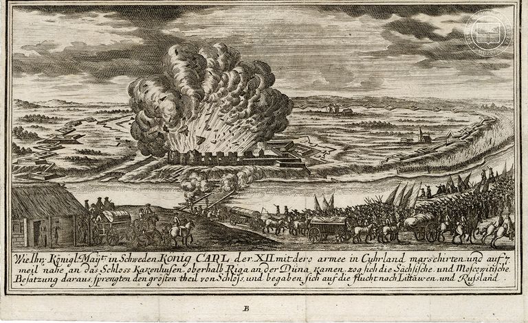 Kokneses pils uzspridzināšana 1701. gada 25. jūlijā. Nezināma autora gravīra pēc Johana Litena zīmējuma. 18. gs. sākums.