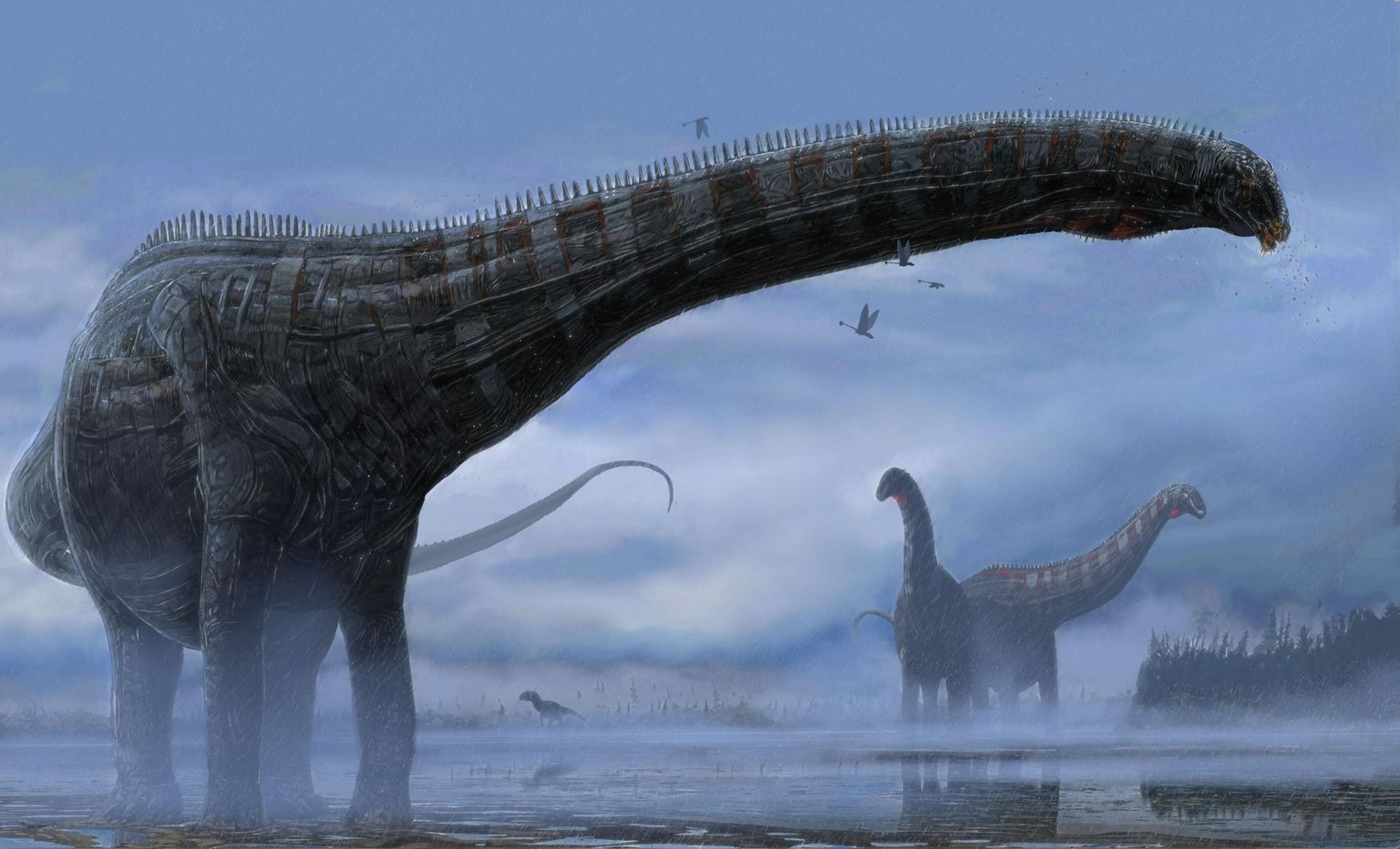 Kunstniku joonistus, milline võis välja näha miljoneid aastaid tagasi elanud taimetoiduline dinosaurus Dolly, kellel oli hingamisteede haigus ja kopsupõletik