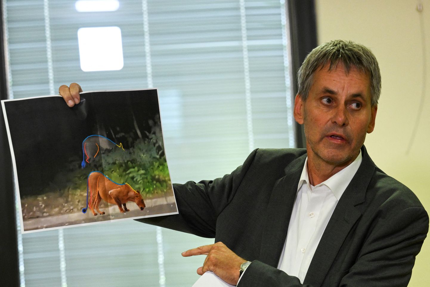 Michael Grubert, Kleinmachnowi linnaosavanem, hoiab pilti, mis näitab, et kahtlustatav loom ei pruugigi olla lõvi. Saksamaa, 21. juuli, 2023.