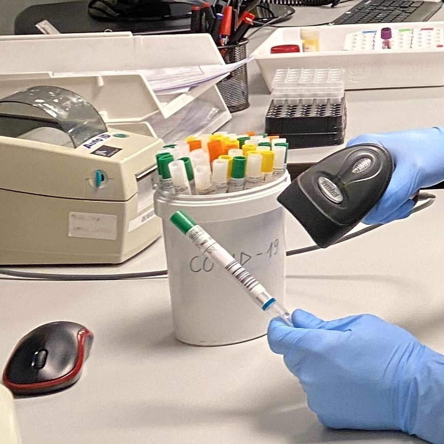 SYNLAB-i laborant Mario Roostalu registreerib koroonaviiruse proovi materjali saabumise laborisse.