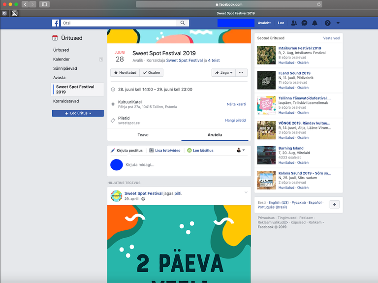 Kuvatõmmis Sweet Spot Festival 2019 ürituse Facebooki lehelt. Nagu näha, viimane postitus on tehtud 29. aprill 2019.