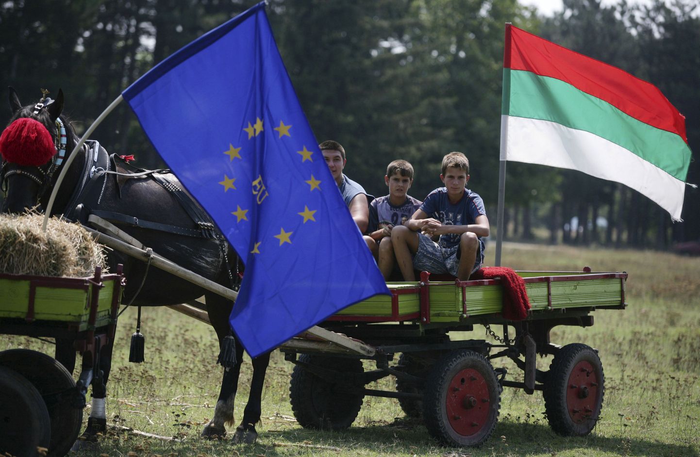 Noorukid Euroopa Liidu ja Bulgaaria lipuga.