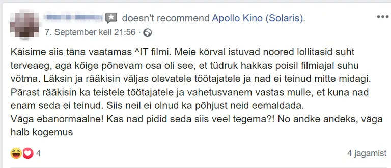 Kinokülastajat häirisid noored, kes filmi ajal suuseksi tegid.