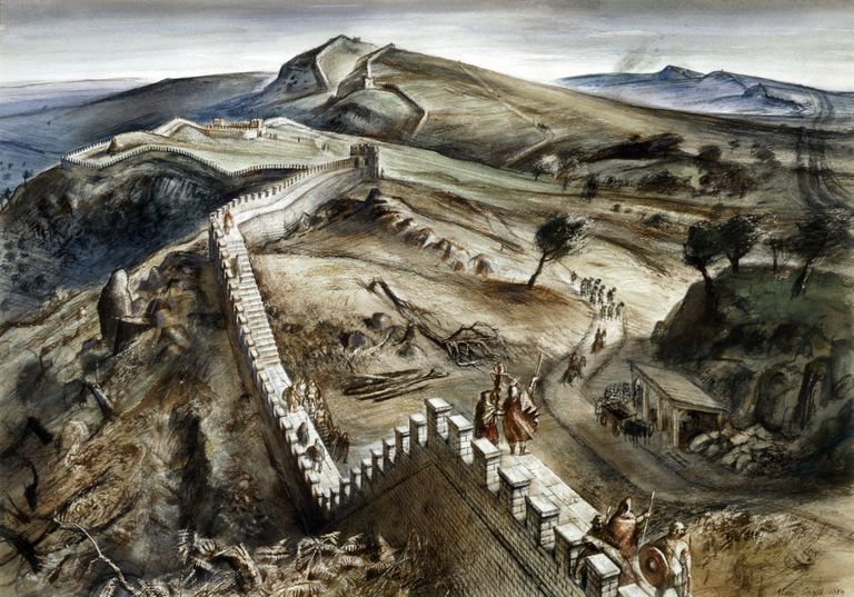 Varanduseotsijad lõhuvad Hadrianuse valli, üritades metallidetektorite abil sealt varandust leida. Joonistus, millel on kujutatud Hadrianuse valli ja sellel valvavaid sõdureid