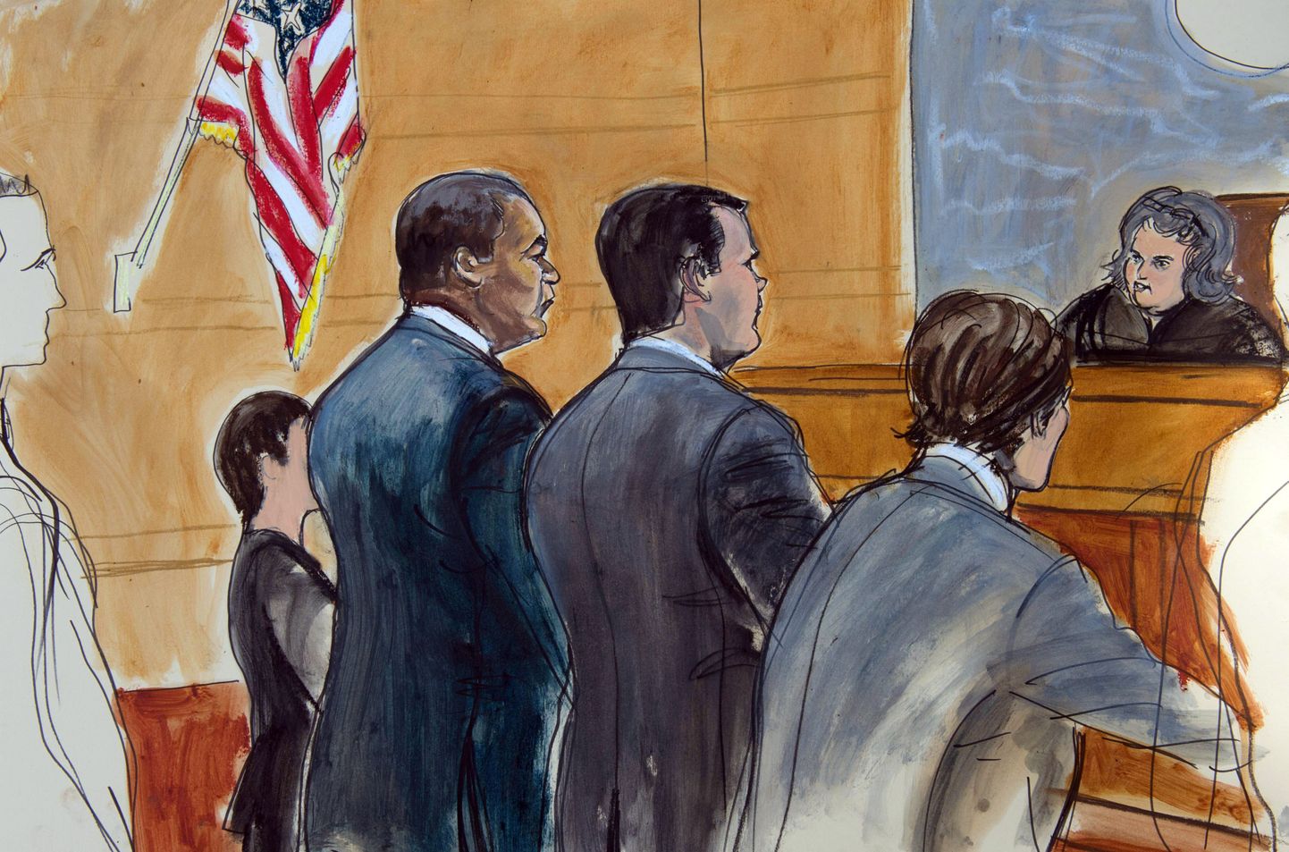 Kunstniku joonistus kohtupingis seisvast Jeffrey Webbist (vasakul).