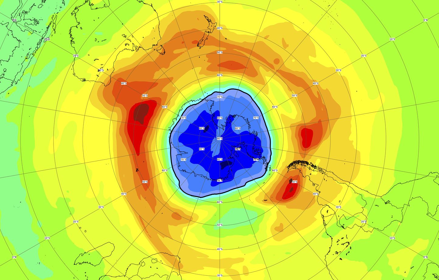 Euroopa kosmoseagentuuri (ESA) avaldatud kaart, millel on näha osooniauku (sinine) Antarktika kohal