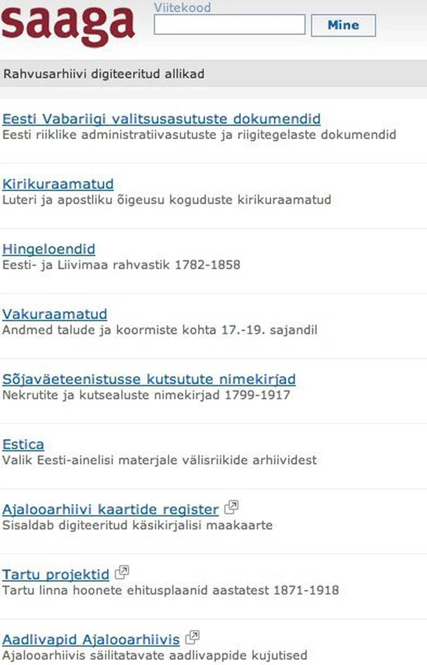 Rahvusarhiivi digiarhiivi Saaga koduleht.