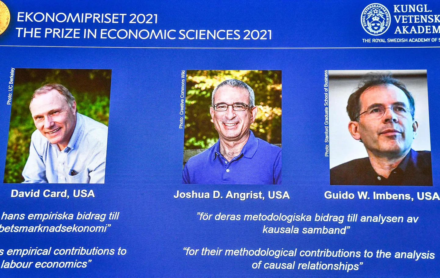 Премия Государственного банка Швеции памяти Альфреда Нобеля за 2021 год присудили Давиду Карду, Джошуа Ангристу и Гвидо Имбенсу.