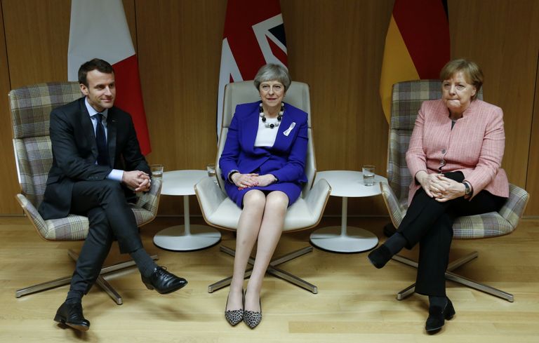 Vasakult: Prantsusmaa president Emmanuel Macron, Ühendkuningriigi peaminister Theresa May ja Saksa kantsler Angela Merkel. 