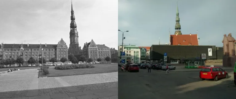 Strēlnieku laukums pirms un pēc Okupācijas muzeja uzcelšanas