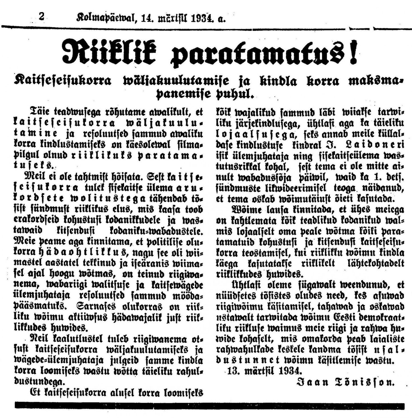 Jaan Tõnisson Postimehes 14. märtsil 1934.