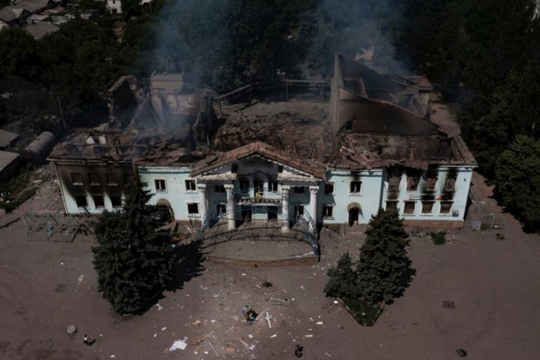 An aerial view shows the destroyed Community Art Center following a strike in the city of Lysychansk, in the eastern Ukrainian region of Donbas on June 17, 2022, as the Russian-Ukraine war enters its 114th day.