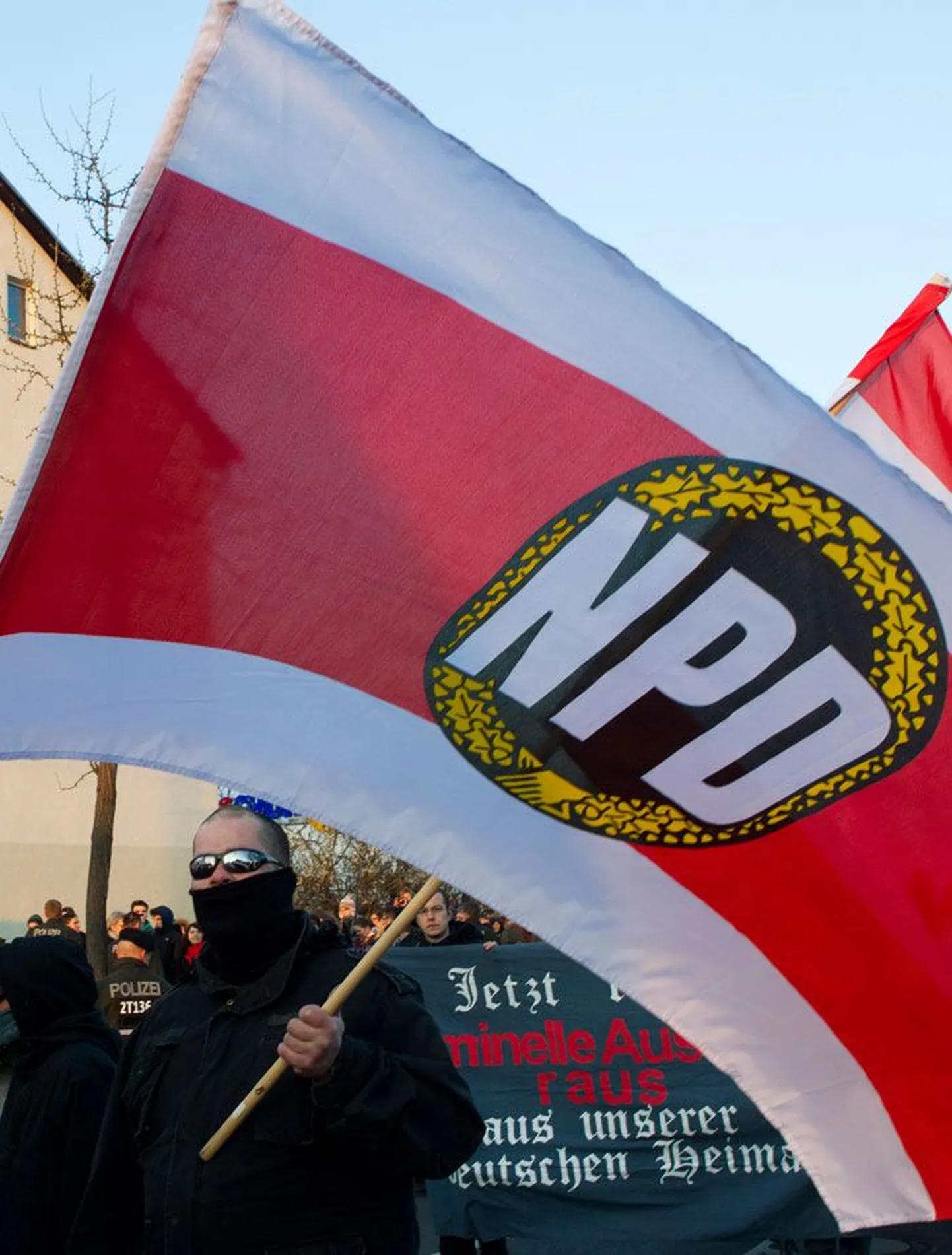NPD toetaja 13. aprillil Berliinis meeleavaldusel, kus nõuti eurost loobumist ja kuritegelike välismaalaste väljasaatmist.