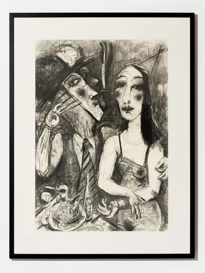 Priit Pärn, «Broiler all vasakul» (2001) Süsi paberil