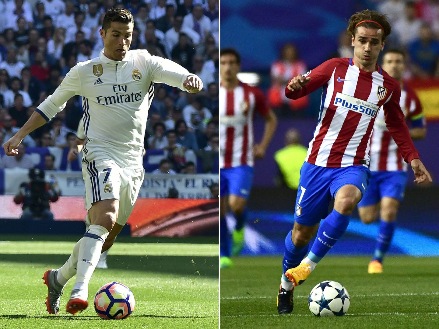Madridi Reali staar Cristiano Ronaldo (vasakul) ja Madridi Atletico väravakütt Antoine Griezmann on viimastel aastatel pidanud mitmeid tuliseid lahinguid. Nüüd ootab ees järjekordne peatükk.