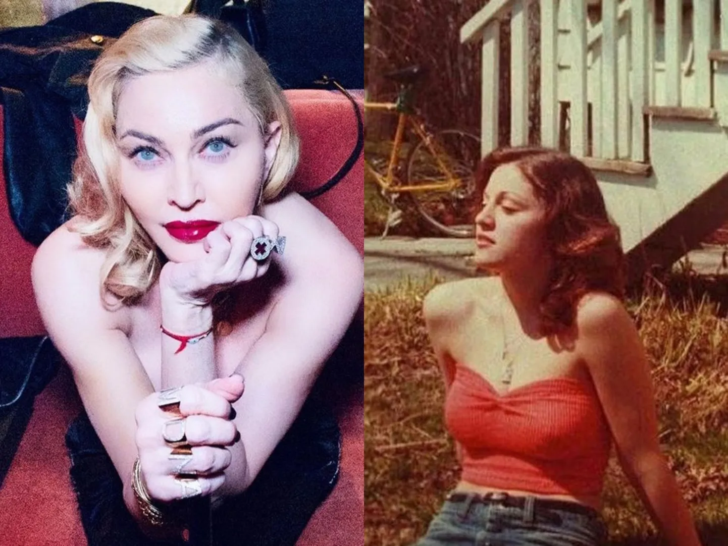 Vasakul: Madonna 2020. aastal. Paremal: Madonna nooruses.
