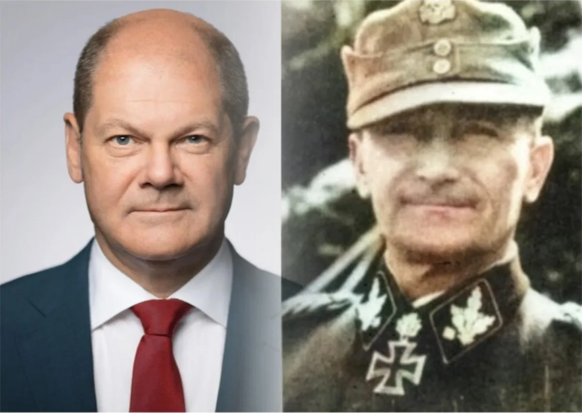 Слева канцлер Германии Олаф Шольц. Справа - офицер SS Фриц фон Шольц