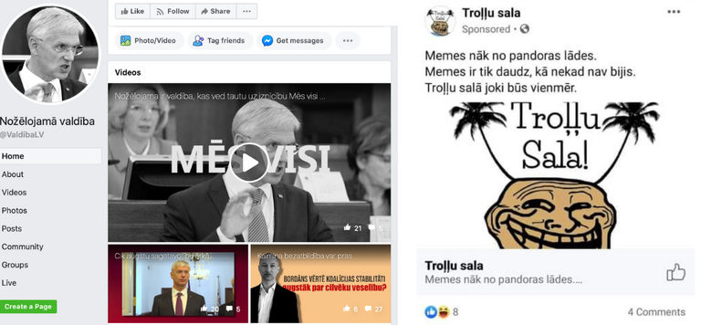 Этой весной в Facebook  появились две новые страницы, которые высмеивают коалиционные партии. Одну содержит Nacionālo mediju grupa, которой руководит Йодис, вторая - анонимная. 