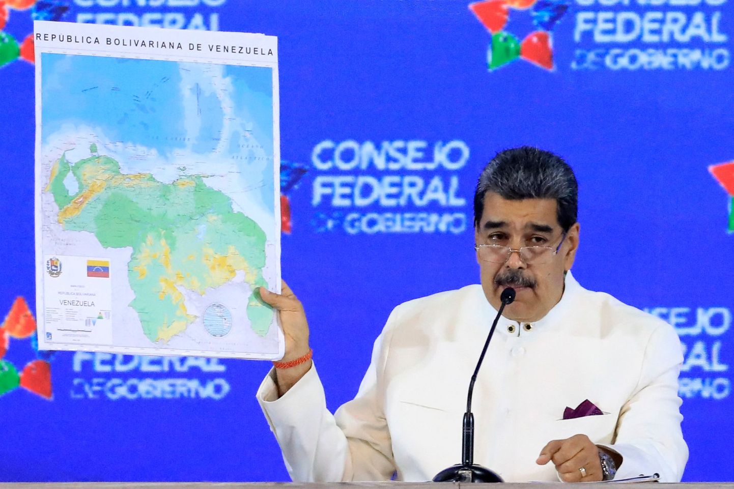 Venezuela president Nicolás Maduro valitsusistungil, kus tegi ettepaneku luua osariik piirkonnas, mis on üle saja aasta Guyanale kuulunud. 5. detsember 2023.