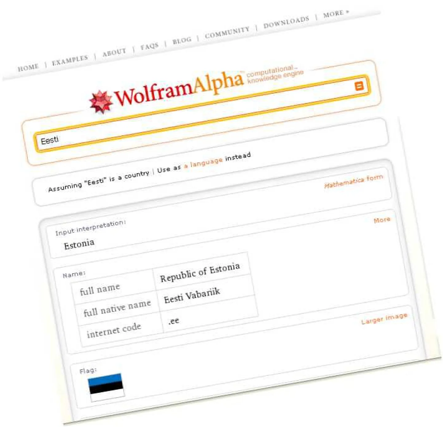 Fragment uue otsingumootori Wolfram Alpha leheküljelt.