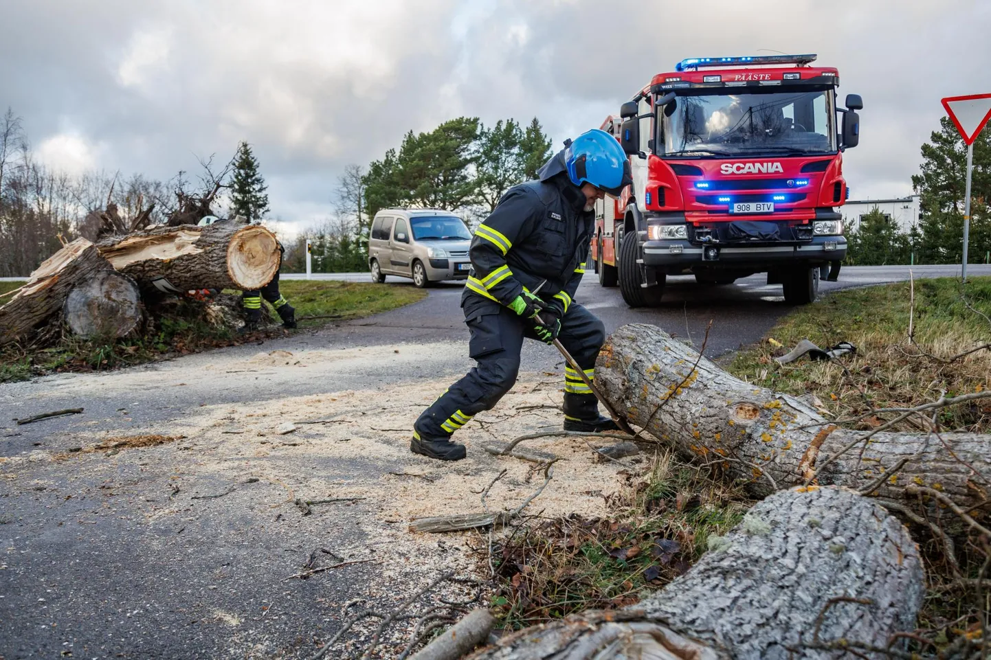 Päästjad eemaldavad teele langenud puid Kersalus.