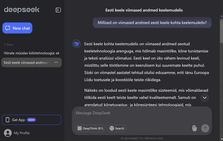 Hiina idufirma DeepSeek on kõigutanud juba Lääne börse ja pakub maailmatasemel vestlusrobotit. Sellel on ootamatult hea eesti keele tugi, kuid kasutamisel teeb ettevaatlikuks Hiina päritolu. Kui võimalik, kasuta selle asemel teisi teenuseid, mida tead paremini, kui on oht tundliku salainfo lekkeks.