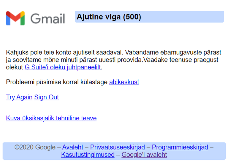 Gmaili teenus on häiritud.