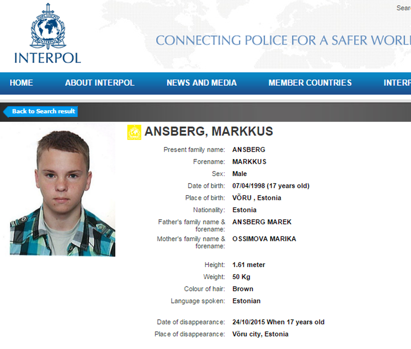 Oktoobris kadunuks jäänud Markkus Ansberg on kantud Interpoli.