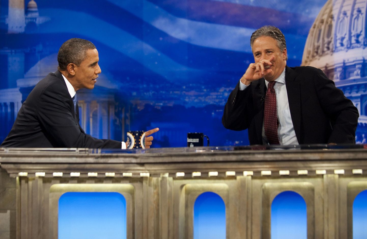 USA president Barack Obama (vasakul) ja Jon Stewart eile telesaates «The Daily Show».