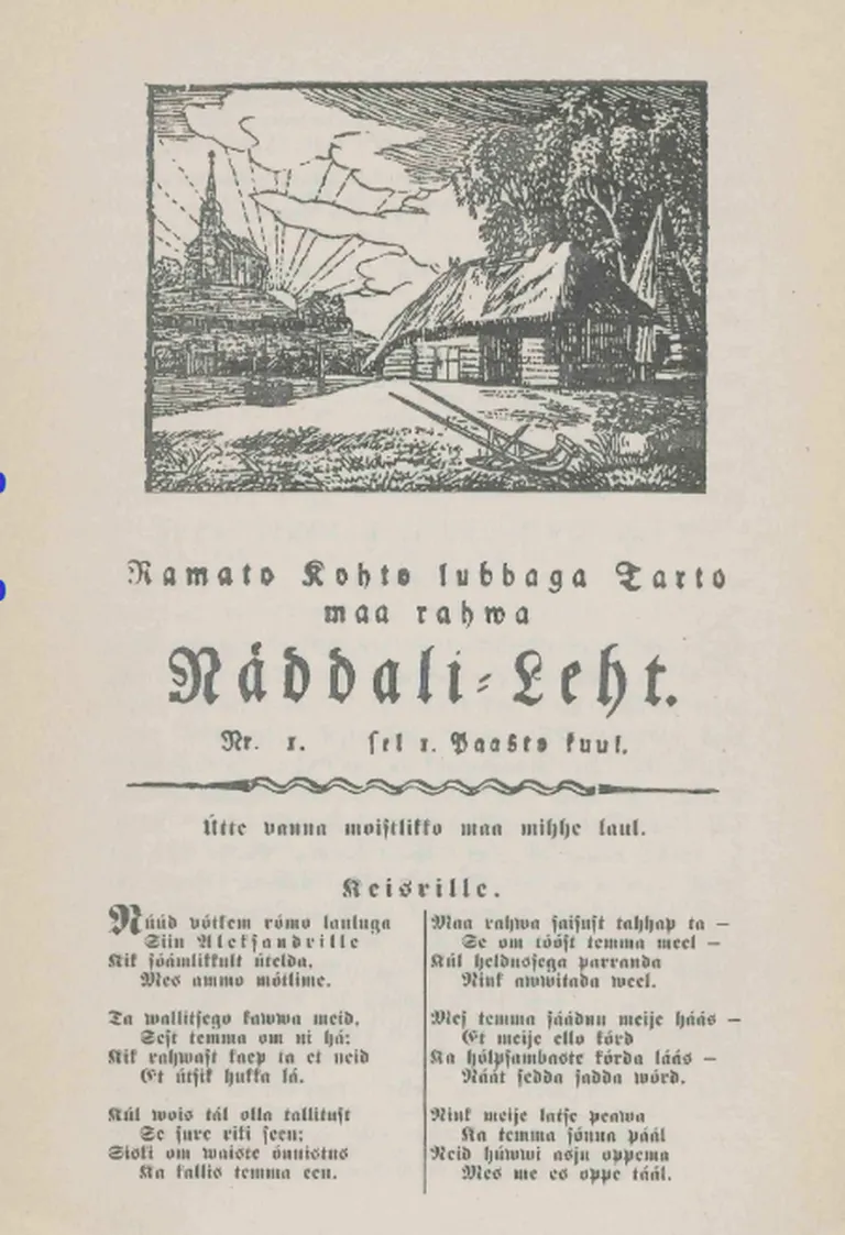 Tarto maa rahwa Näddali-Lehe esimese numbri esilehekülg.