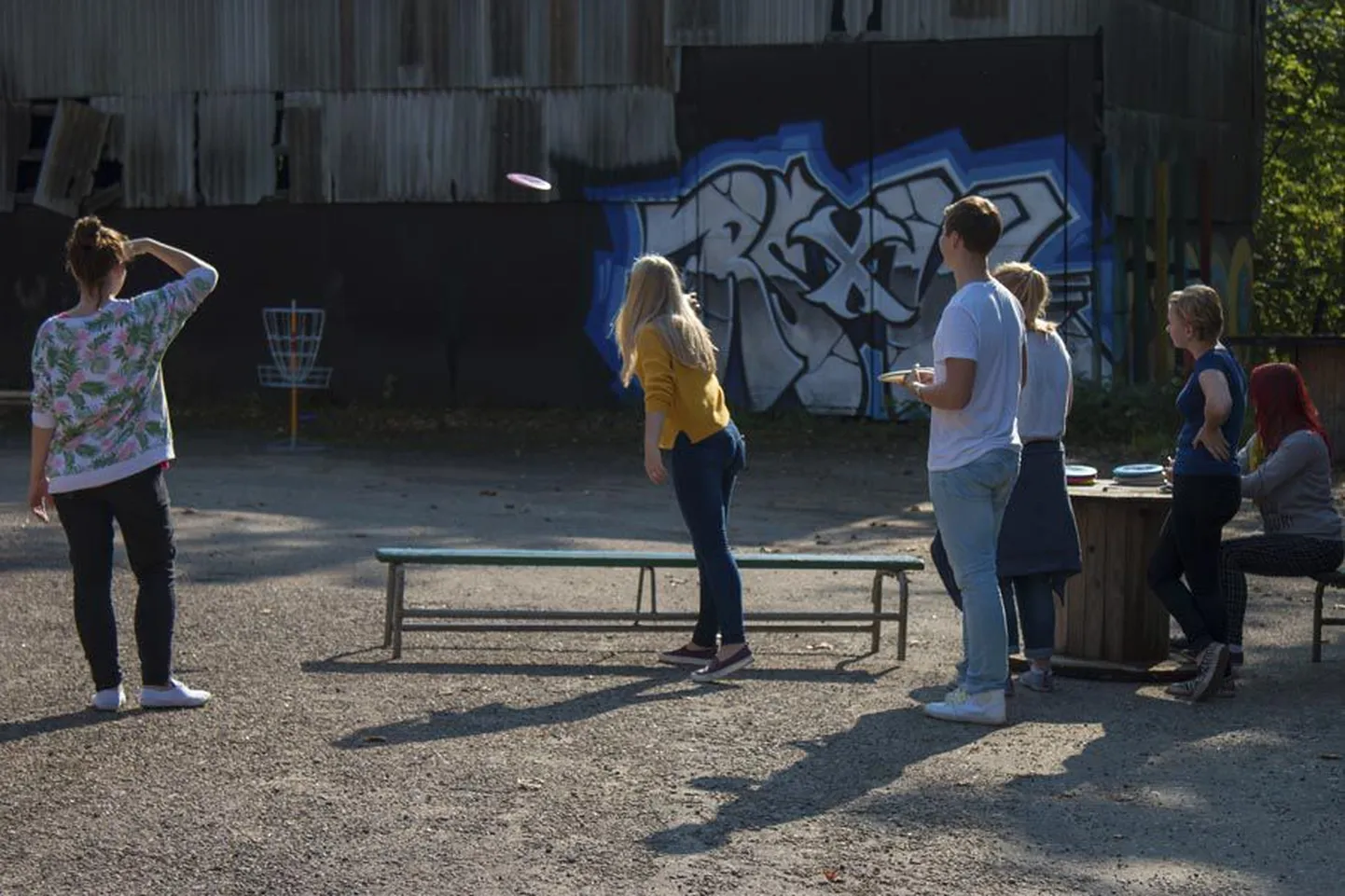 Noortekeskuse hoovis võttis Andrea Laos (viskel) elus esimest korda kettagolfi mänguvahendi kätte ja saatis korvi poole. Ketas lendas korvi.