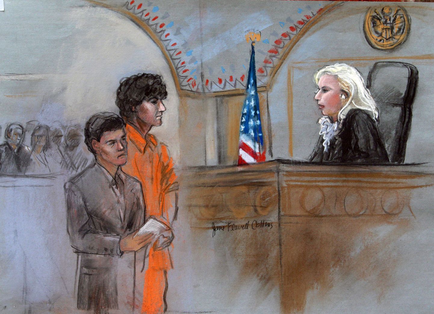 Kohtukunstniku sketš Džohhar Tsarnajevist ja tema advokaadist.