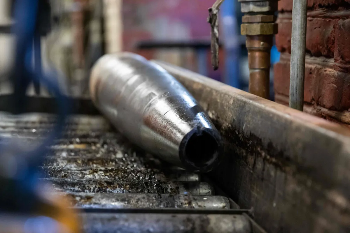 An empty artillery shell on the production line at Nammo's factory in Raufoss, Norway. The photo was taken on January 17, 2024.