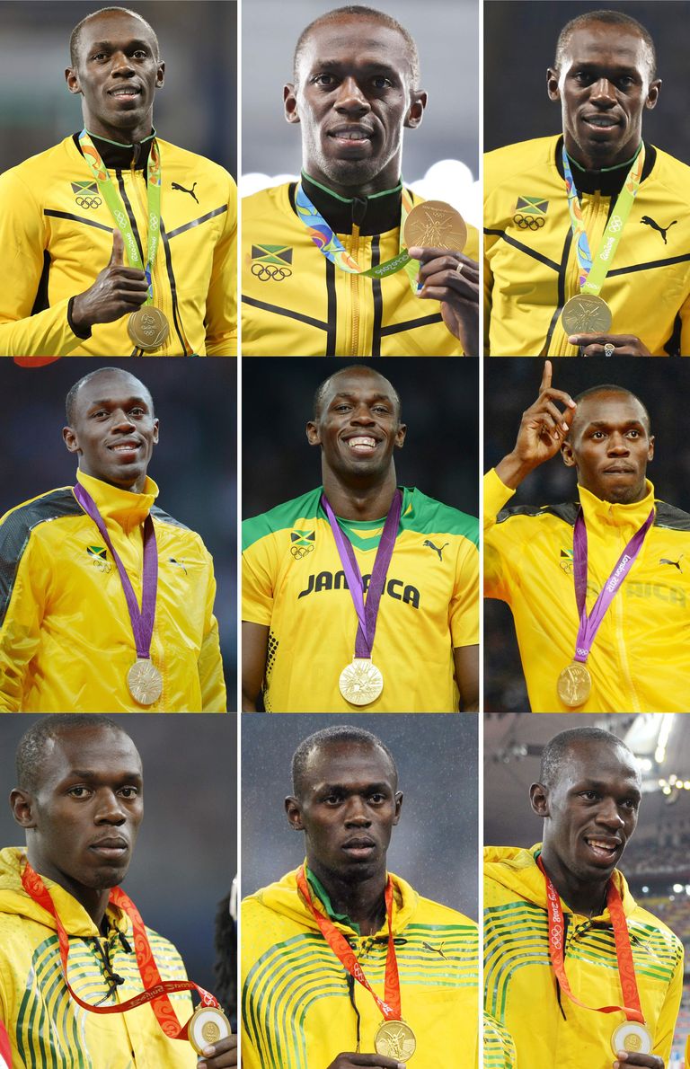 Usain Bolt 2008. aasta Pekingi olümpial (ülal), 2012. aasta Londoni olümpial (keskel) ja 2016. aasta Rio olümpial (all)