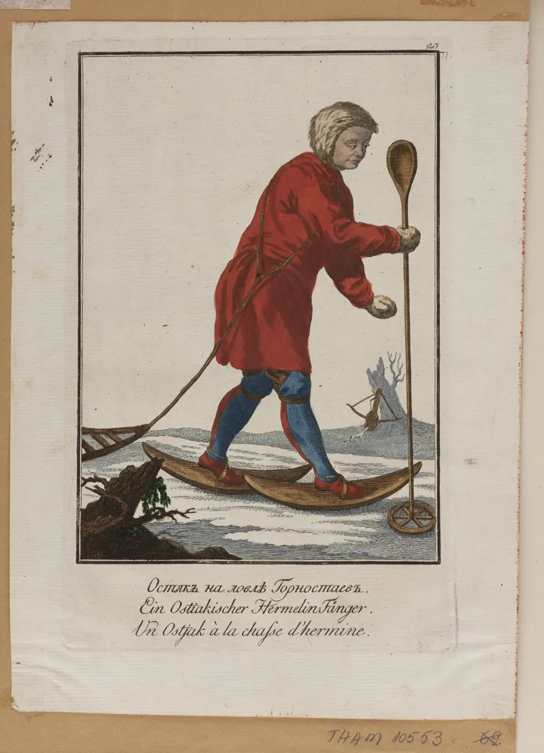 „Ostjak [hant] hermeliini küttimas“, illustratsioon Johann Gottlieb Georgi koguteosest „Kõigi Venemaa rahvaste kirjeldus“ (1776–1780), Eestimaa Kirjanduse Ühingu muuseumi (Provintsiaalmuuseumi) kogu.
