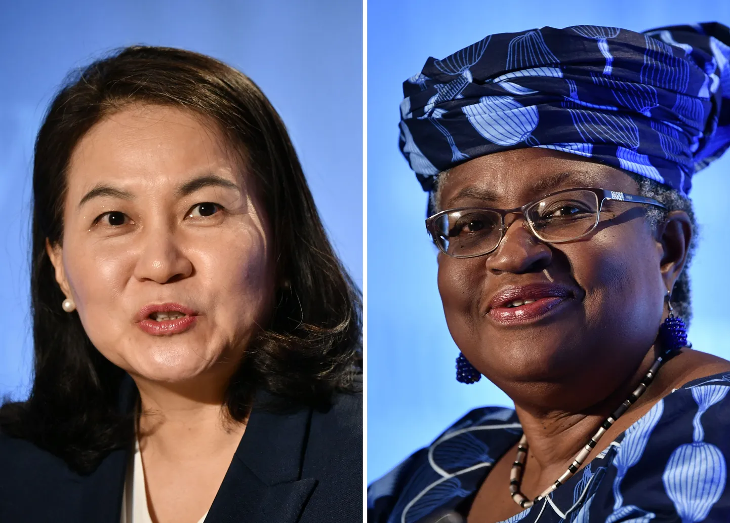 Lõuna-Korea kaubandusminister Yoo Myung-hee (vasakul) ja Nigeeria endine välis- ja rahandusminister Ngozi Okonjo-Iweala 15. juuli 2020.