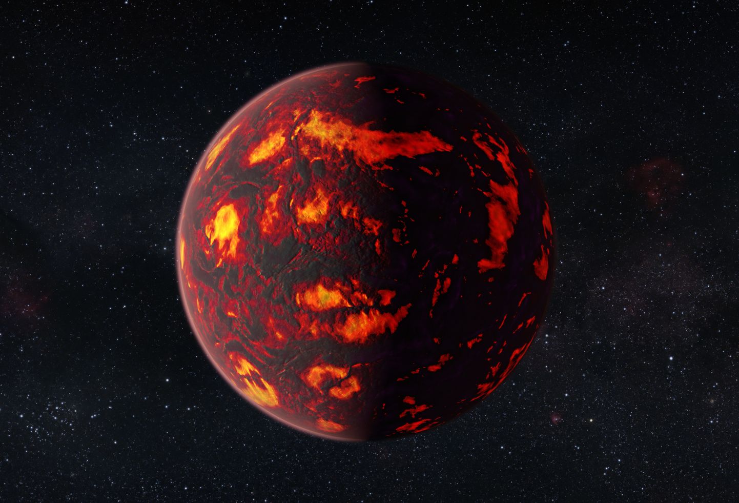 Kunstniku illustratsioon laavaplaneedist 55 Cancri e. Laavaplaneedil võib temperatuur küündida tuhandete kraadideni.