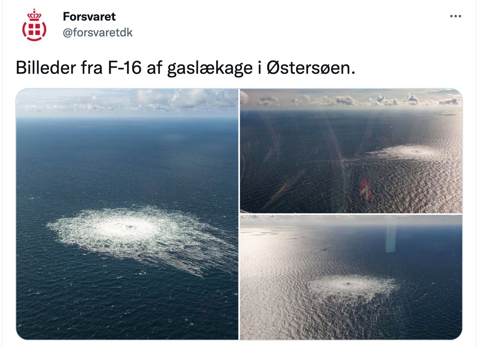 Taani õhjuõudude hävitajalt pildistatud Nordstreami gaasitoru lekkekohal olev piirkond merepinnal.