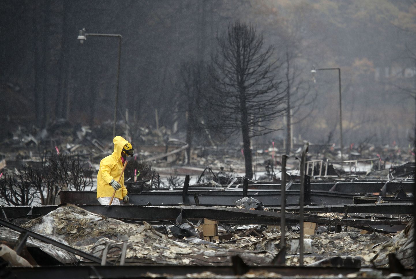 Päästetöötaja otsimas hukkunuid metsapõlengus hävinenud karavanipargis Paradise'i linnas Californias.