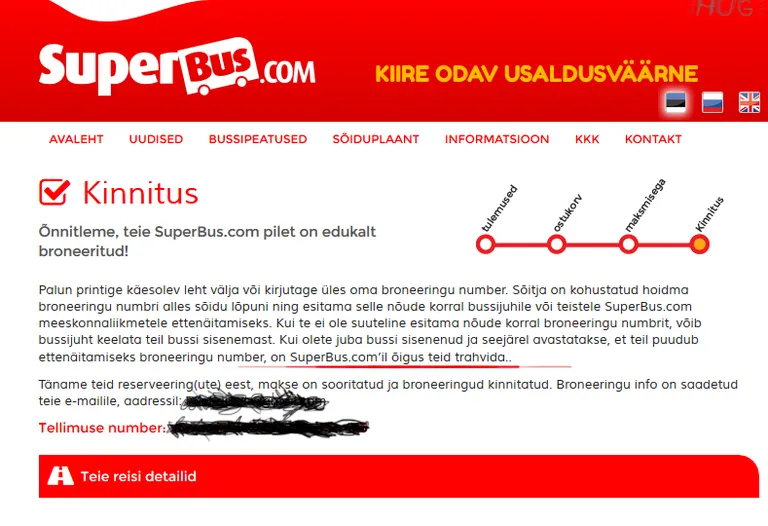 Lugeja saadetud kuvatõmmis bussipileti broneeringust.