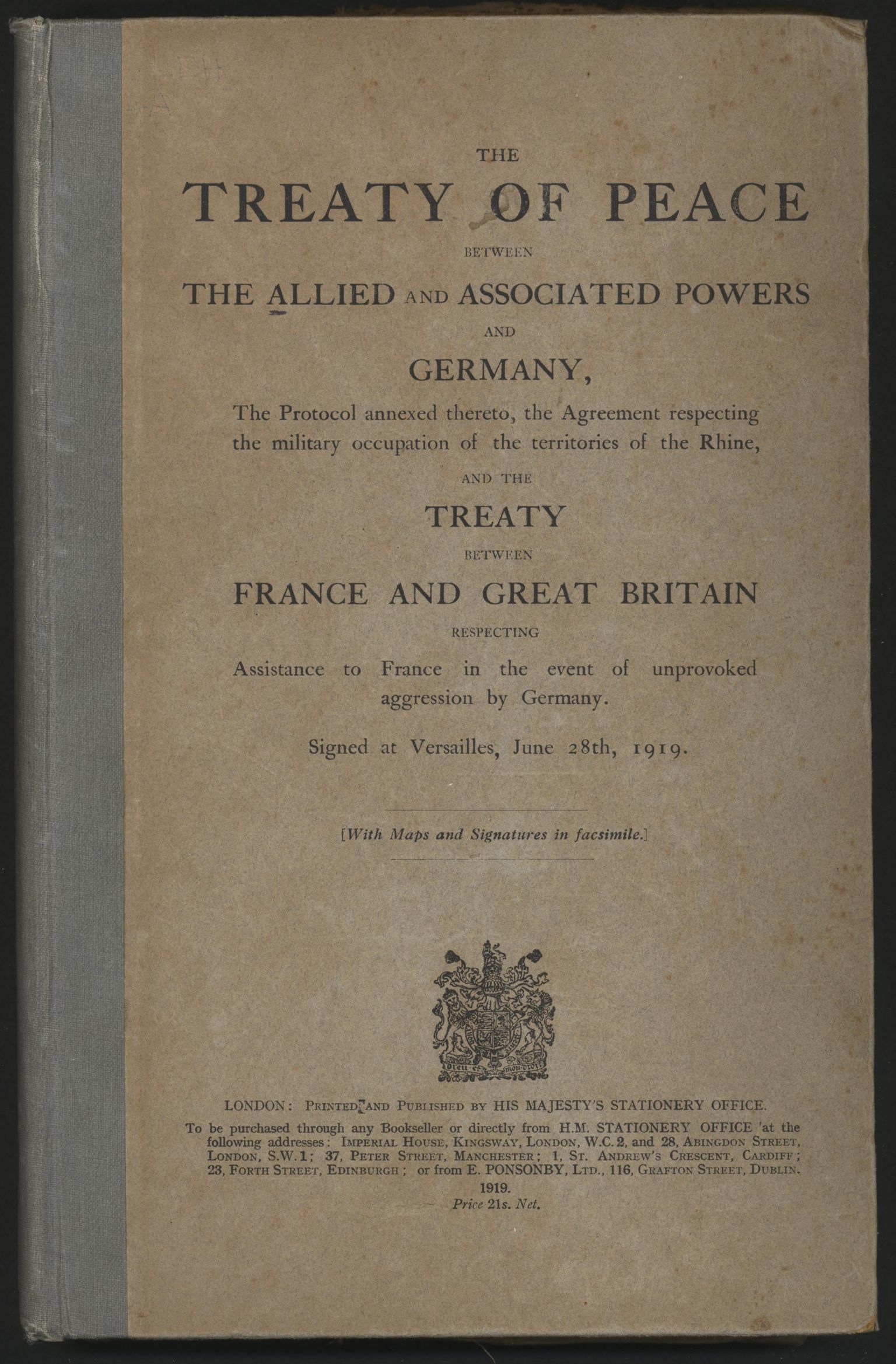28. juunil 1919 sõlmitud Versailles’ rahulepingu trükitud tekst. Rahulepingu esimene osa oligi Rahvasteliidu põhikiri, mis koosnes 26 artiklist. Kokku oli rahulepingus 440 artiklit.